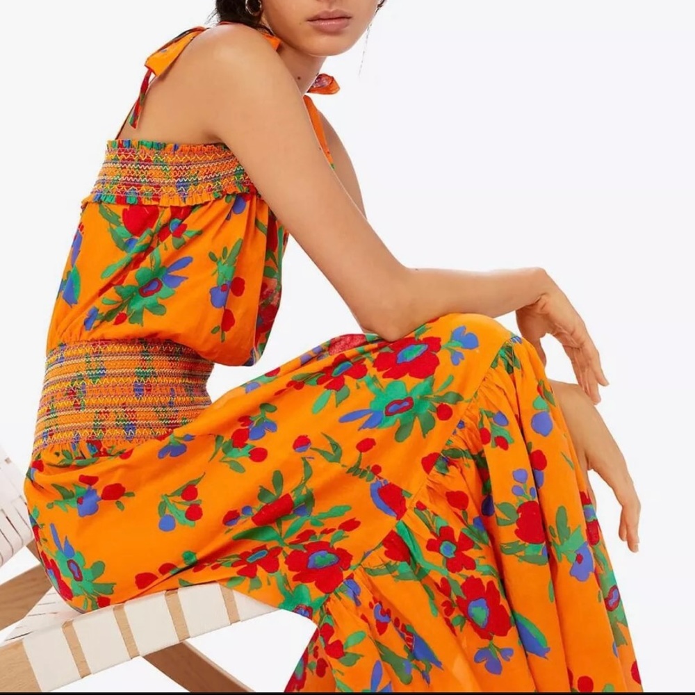 🎉HP🎉New! Tory Burch Orange Multi Toucan Tropical Smocked Dress Size L $448🌿🧡 - Picture 12 of 16